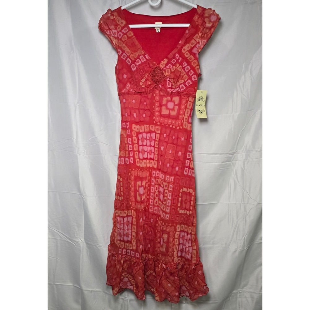 Sangria Red Pink Geometric Print Crochet Trim Ruffle Hem Midi Dress Size 4 NEW